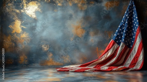 Draped worn American flag lying on a reflective floor against a textured blue and gold mottled wall, evoking a solemn, contemplative and melancholic mood