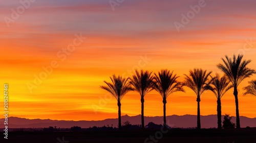 Silhouetted palm trees against a vibrant sunset with a gradient of orange and purple hues