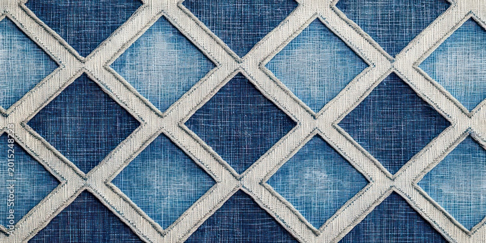 Fototapeta premium close-up of blue denim patchwork with white stitched diamond lattice, textured geometric fabric pattern conveying cozy, orderly handcrafted feel