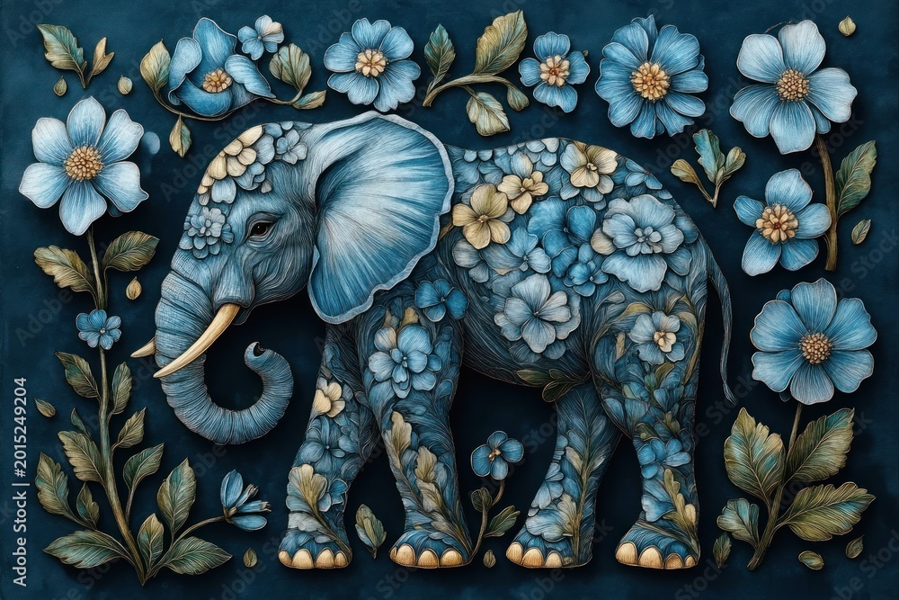 Obraz premium ornate blue elephant made of flowers and leaves surrounded by blooming blue blossoms, whimsical and serene decorative illustration