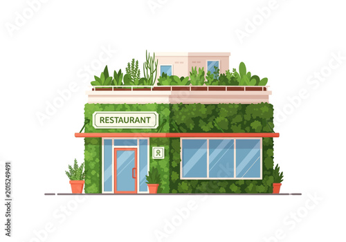 Green restaurant facade with plants.