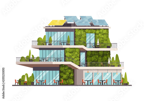 Modern multi level green building exterior.