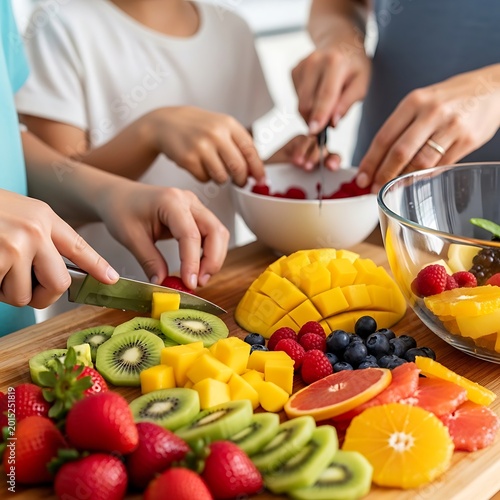 Family preparing fruit salad together.