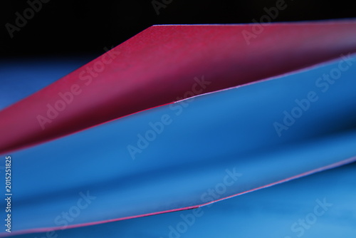 Εκτύπωση καμβά Hojas de un libro entreabiertas en tonos rojo y azul,  destaca los bordes curvos del papel y el efecto de desenfoque artístico del fondo, creando una imagen moderna y creativa