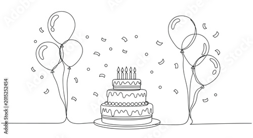 Simple continuous line drawing illustration of a three-tiered birthday cake and several floating balloons with confetti.