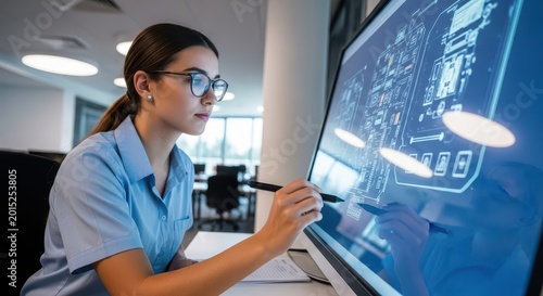 A focused female engineer wearing glasses meticulously reviews a complex technical blueprint displayed on a large, illuminated digital screen in a professional workspace, employing a stylus