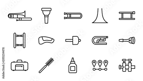 Photos Brass Instrument Parts Icons, Trombone Components, Music Accessories, Vector Set