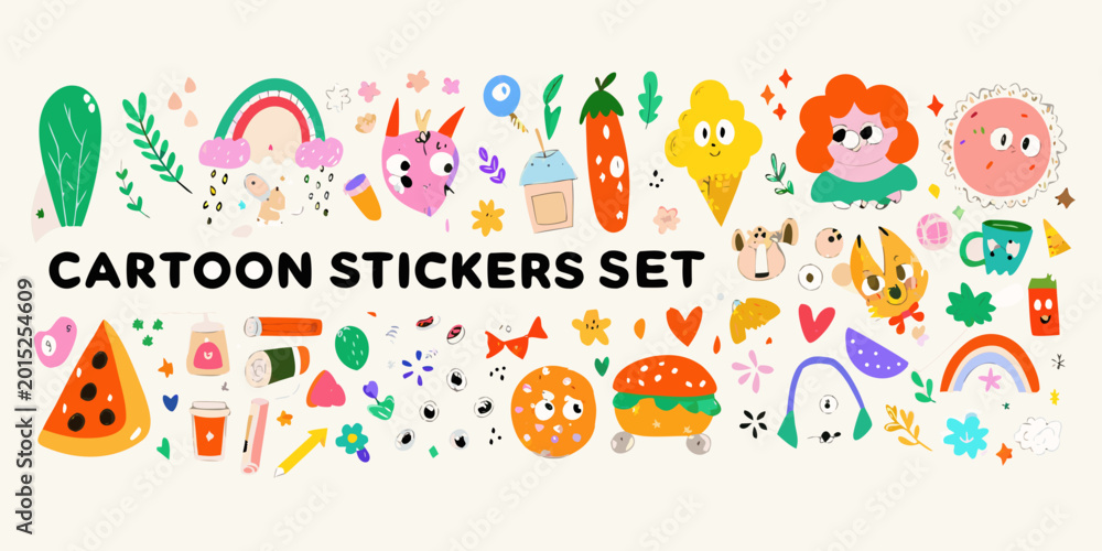 Obraz premium Colorful cartoon sticker set with whimsical illustrations of food plants and cute characters on a cream background