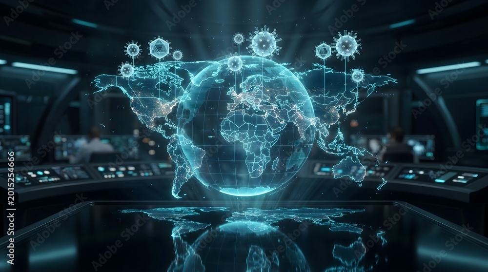 Obraz premium Holographic world map showing a global pandemic tracking system in a futuristic high tech command center laboratory environment