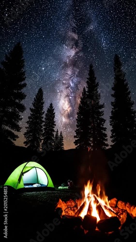 Camping scene with tent and bonfire under a starry night sky