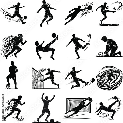 Soccer player silhouettes in dynamic action poses with football, silhouette