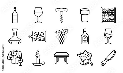 Bild auf Leinwand Wine Icons Set: Bottle, Glass, Corkscrew, Cheese, Grapes, Decanter, France Map,