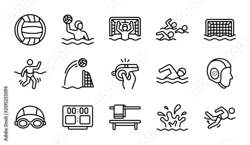 Water Polo Icons Set, Sport Game Vector Graphics, Athlete Action Symbols, Team Play Elements