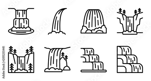 Schilderij op canvas Waterfall Icons Set, Nature Landscape Elements, Cascade Vector Graphics, Outdoor