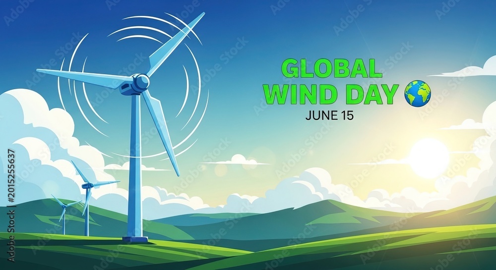 Fototapeta premium Wind turbines on green hills with clouds and sun