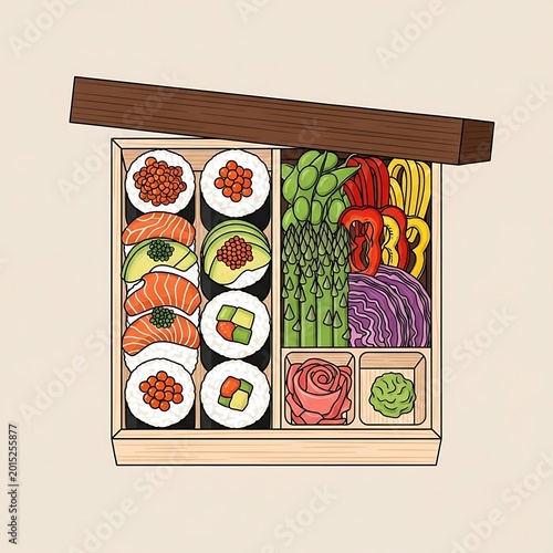 Sushi box with various ingredients inside.