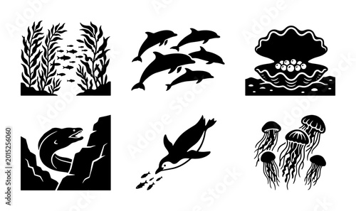 Photography Marine Life Icons Set: Dolphins, Jellyfish, Penguin, Moray Eel, Aquarium, Oyster