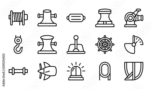 Foto Nautical Marine Equipment Icons, Vector Set: Ship Mooring, Propeller, Crane, Hel