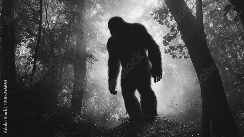 silhouette of a towering hairy humanoid in a misty forest, backlit trees and rays creating an eerie, suspenseful atmosphere