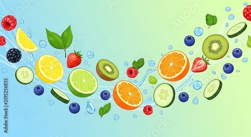 Fresh fruit and berries in air.