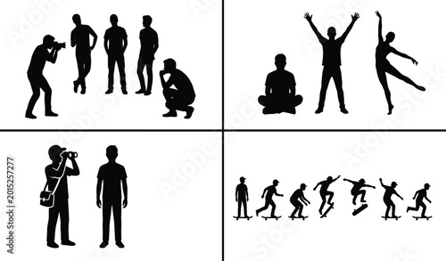 Quadro su tela Large collection of black silhouettes featuring a photographer, skateboarders, b