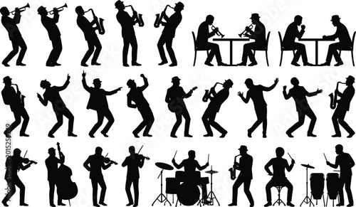 Photography Large collection of musician silhouettes featuring jazz band performers, dancers