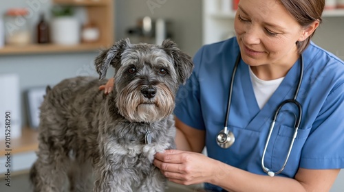 Female veterinarian in blue scrubs gently examines a gray miniature schnauzer dog