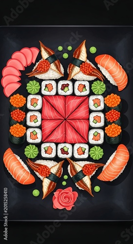 Vibrant sushi arrangement on black background.