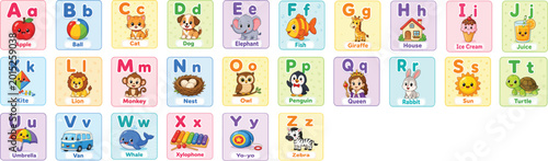 Colorful ABC Alphabet Learning Flashcards for Kids with Cute Animals and Objects, Preschool Educational Card Set