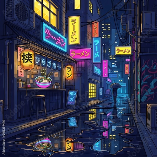 Neon signs reflect on wet street.