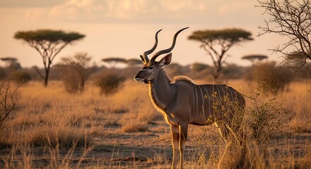Kudu standing in savannah grasslands landscape.