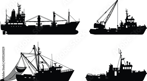 Foto Silhouettes of industrial maritime vessels including a cargo ship crane boat com