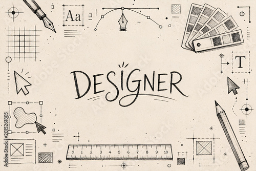 Hand-drawn graphic design tools and elements for creative professionals and artists background