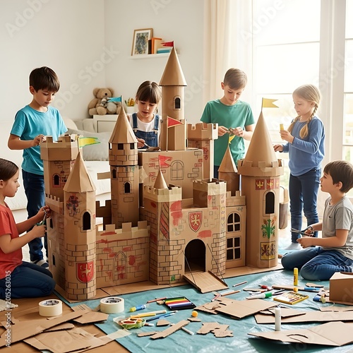 Children Building Cardboard Box Castle Together.