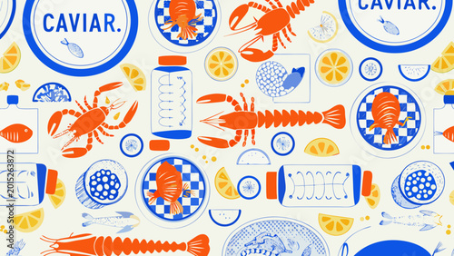 Tableau sur toile Seafood pattern with lobster crab fish and caviar dishes colorful vector illustr