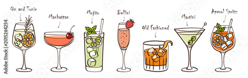 Cuadro en lienzo Colorful classic cocktails set - hand drawn bar drinks vector illustrations isol