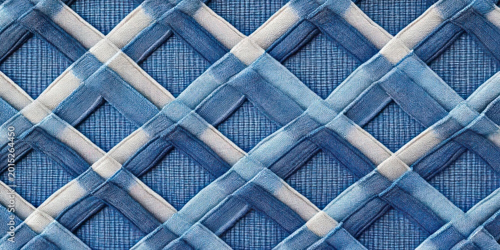 Fototapeta premium interlaced blue and white woven fabric lattice with soft textured diamond pattern conveying cozy calm