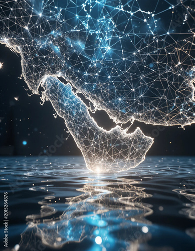 Digital Map of the Middle East, Ocean Reflection, Technology Environment, Night Viewpoint