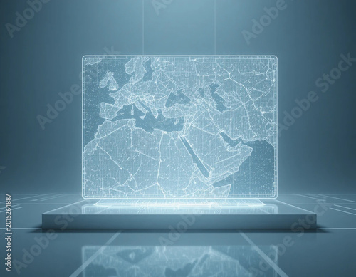 Interactive Map Displaying European Regions, Tech Exhibition, Modern Environment, 3D Visualization