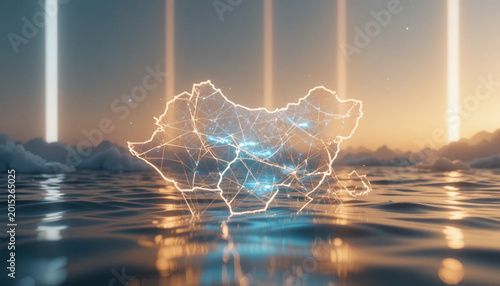 Futuristic Light Network Map, Ocean Horizon, Digital Art, Serene Atmosphere, Aerial View, Connectivity Concept
