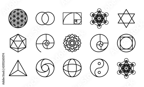 Tableau sur toile Sacred Geometry Icons Set: Metatron Cube, Flower of Life, Yin Yang, Golden Ratio