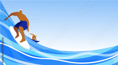 Photography Modern surfing banner featuring abstract ocean waves and surfers in minimalist summer style