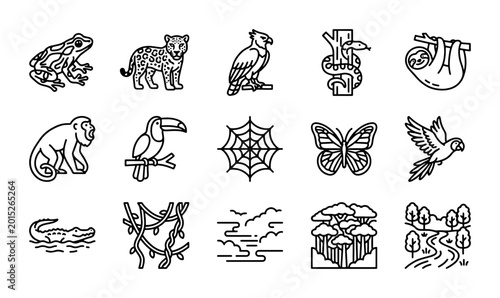 Canvas Print Amazon Rainforest Wildlife Icons Set, Tropical Nature Vector Graphics, Jungle An