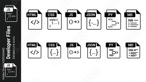Photos Editable developer file extension line art icon set for software and web programming including HTML, CSS, JS, JSON, PY, and MD