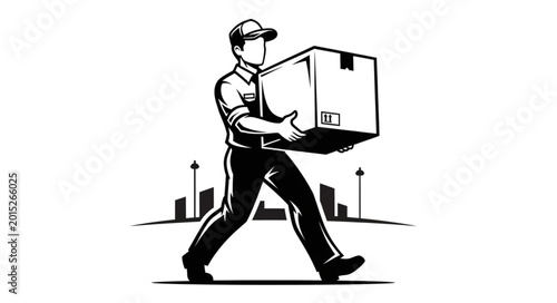 Fotografie Man Carrying Cardboard Box Walking Urban Scene.