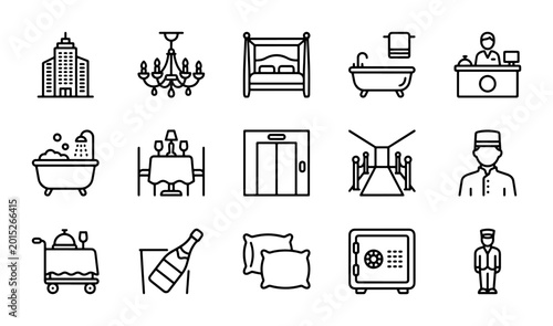 Bild auf Leinwand Hotel Icons Set: Building, Chandelier, Bed, Bathtub, Receptionist, Dining, Eleva