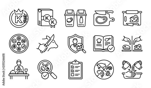 Foto Food Safety Icons: Kosher, Hygiene, Inspection, Cooking, Preparation, 15 Vector