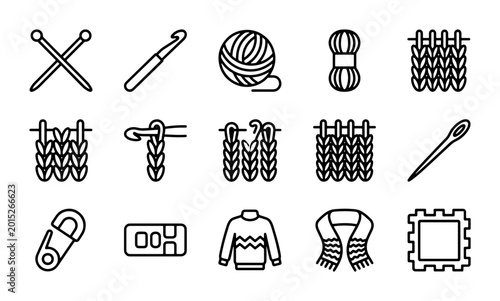 Tableau sur toile Knitting and Crochet Icons Set: Yarn, Needles, Stitches, Sweater, Scarf, Craftin