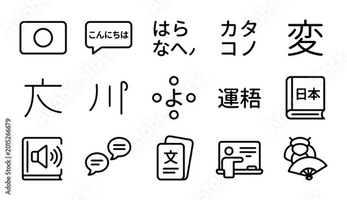 Quadro su tela Japanese Language Icons Set: Kanji, Hiragana, Katakana, Culture, Education, Comm