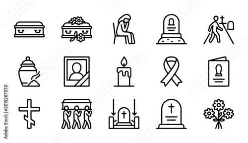 Tableau sur toile Funeral Icons Set, Grief and Mourning Symbols, Cemetery and Memorial Vector Grap